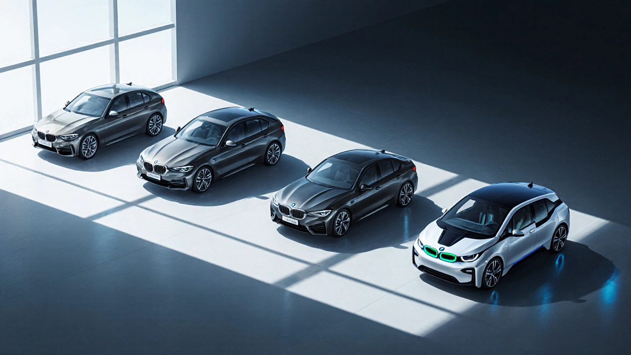 Řada čtyř náhradních vozidel BMW představujících různé úrovně výbavy.