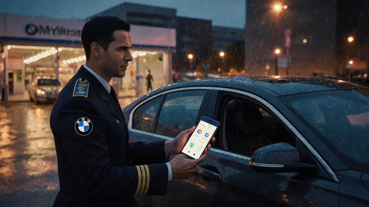 Řidič přijímá náhradní BMW a odjíždí po opravě.