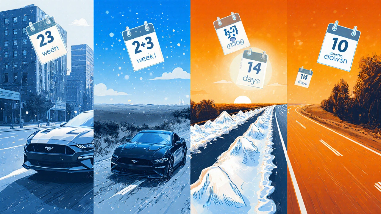 Rozdělený obraz čtyř prostředí (město, venkov, zima, léto) s Ford Mustangem a ikonkami intervalů mytí.