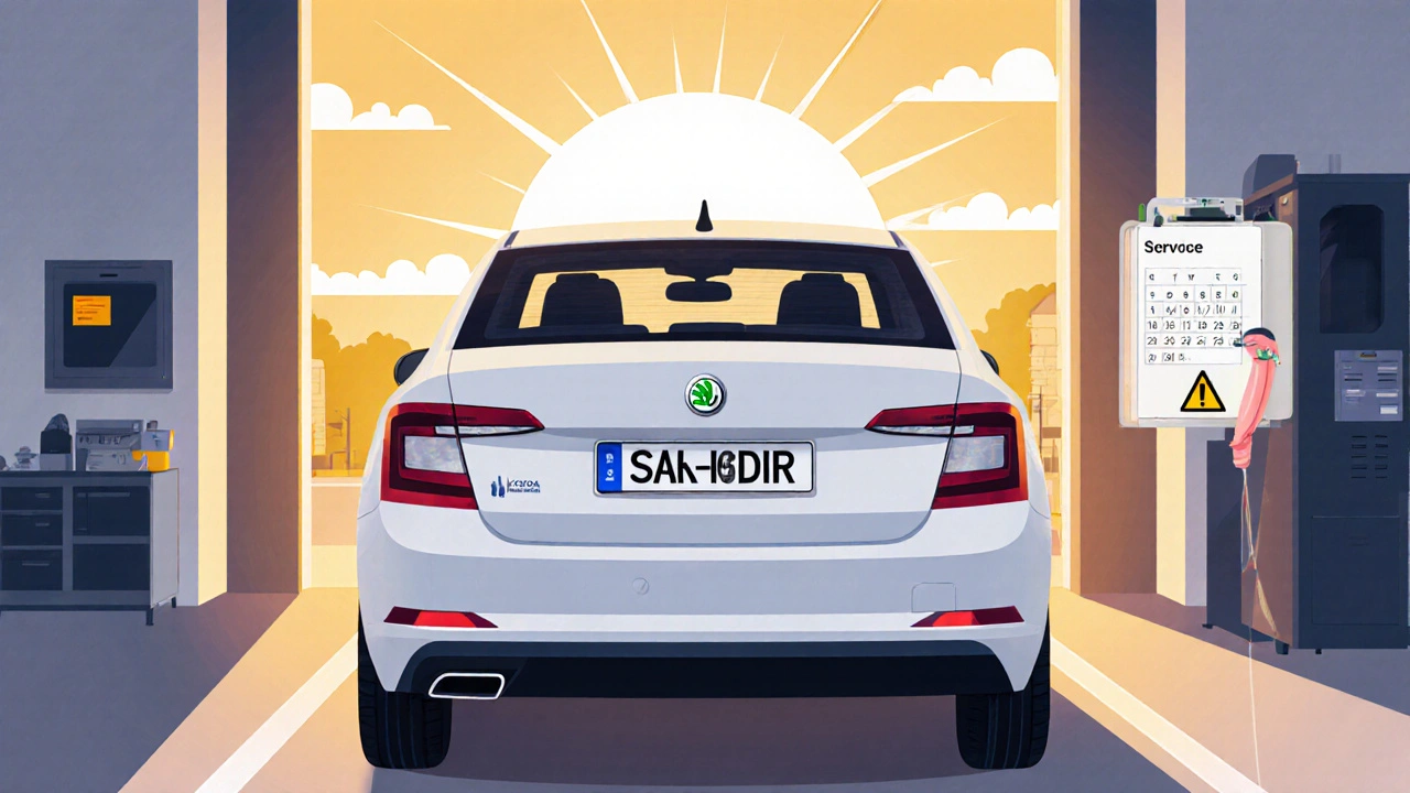Škoda Octavia v STK servisu, řidič ověřuje schůzku v telefonu, viditelná výstražná značka.