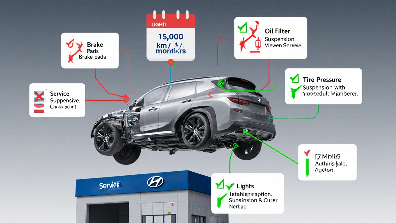 Technický náčrt auta Hyundai s označenými body garanční prohlídky.