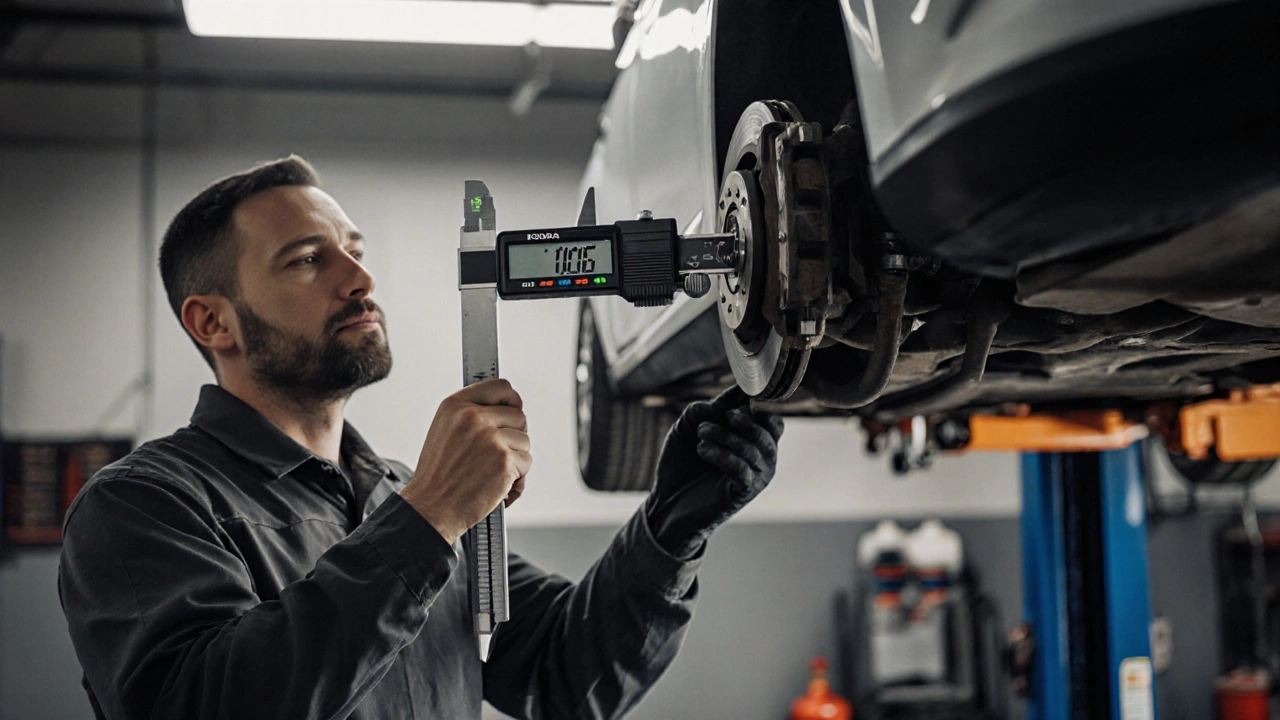 Technik měří tloušťku brzdových destiček digitálním měřidlem.