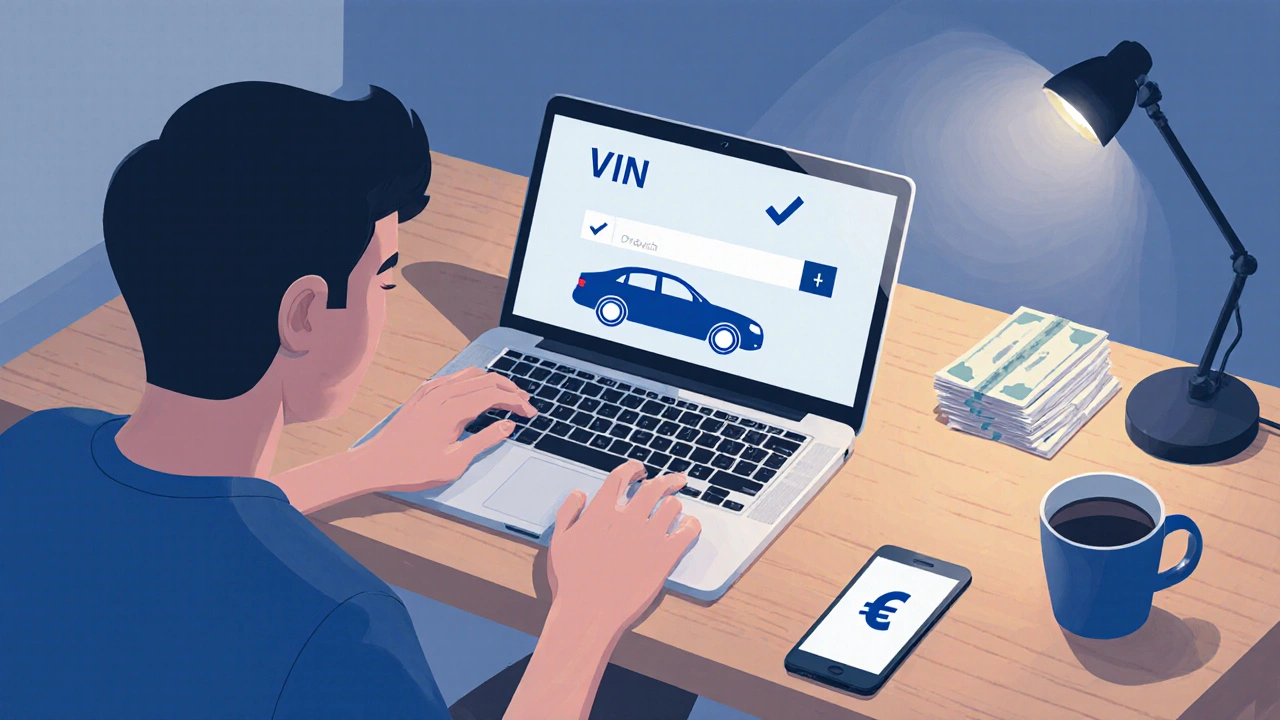 Uživatel zadává VIN na laptopu v domácím pracovním prostoru.
