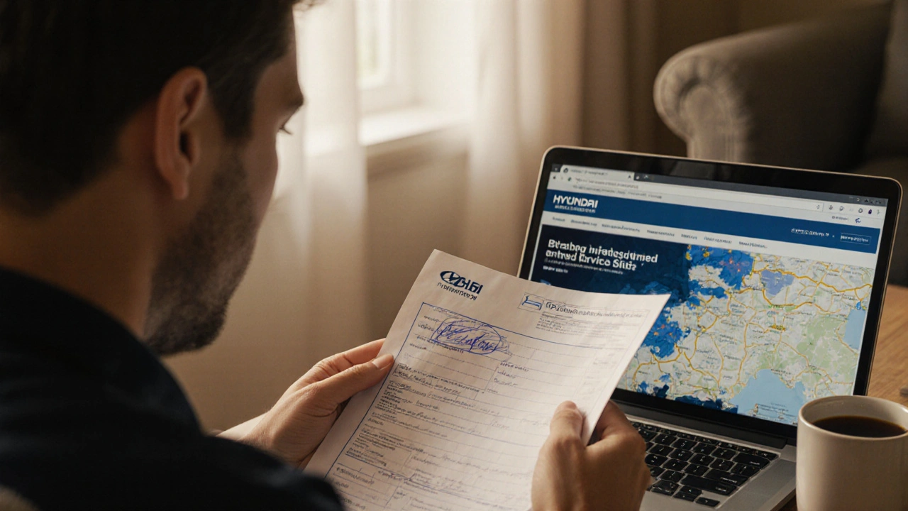 Vlastník auta prohlíží garanční knížku s podpisem servisu.