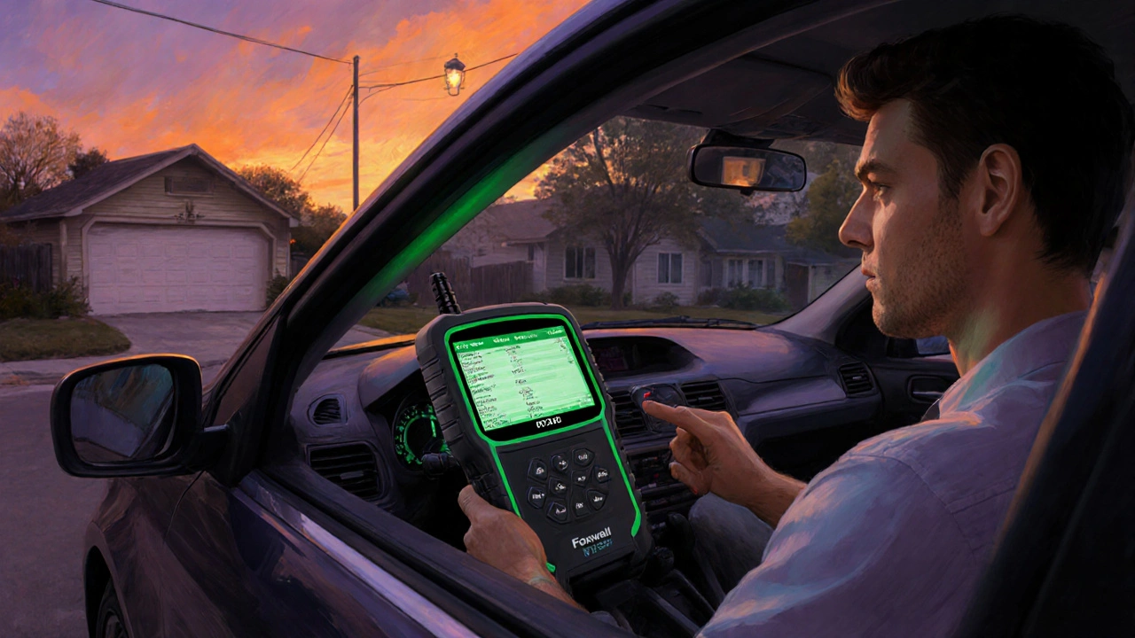 Zákazník v podvečerní garáži kontroluje auto po úspěšné diagnostice, scanner svítí.