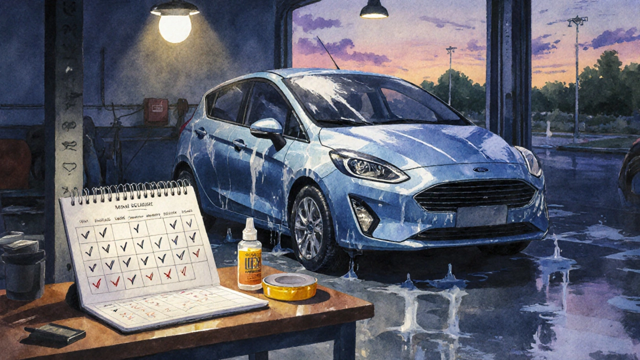 Zavřený garage s čerstvě umytým Fordem Fiesta, kalendářem mytí, voskem a keramickým těsněním.