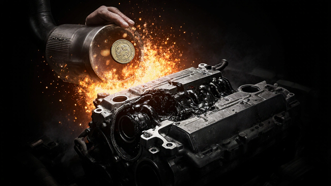 Conceptual image of engine damage from neglected oil changes with DPF failure and cost contrast.