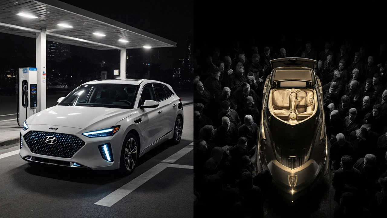 Contrast between Hyundai Ioniq 6 charging and Rolls-Royce Boat Tail with artisans in background.