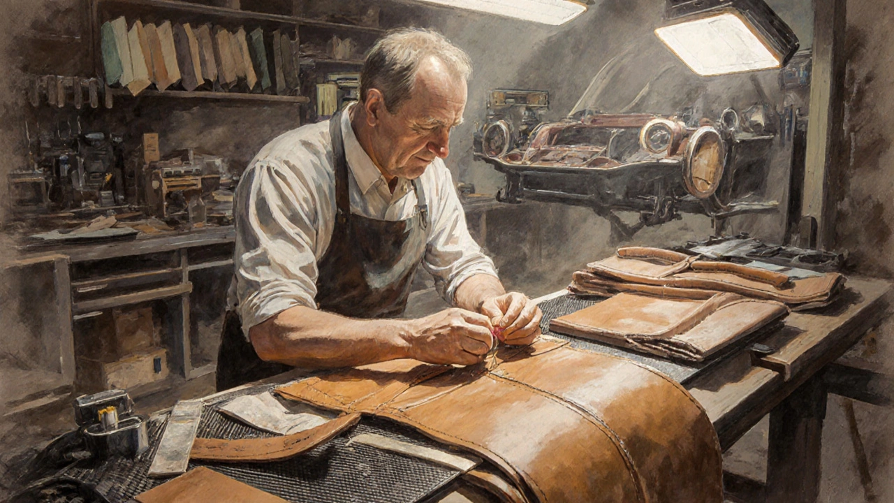 Craftsman hand-stitching leather in Rolls-Royce workshop, surrounded by wood and tools.
