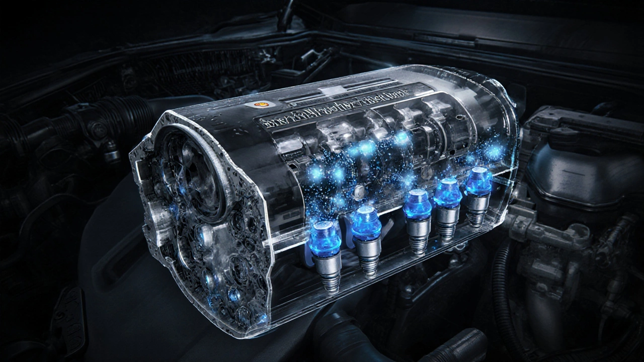 Cross-section of engine showing clean vs. clogged fuel injectors.