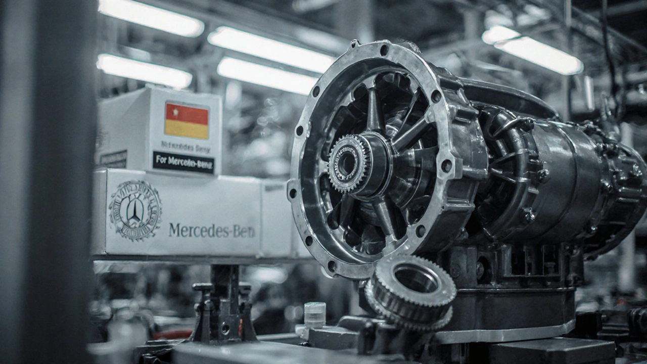 Czech technicians assembling Mercedes-Benz transmissions in Brno factory.