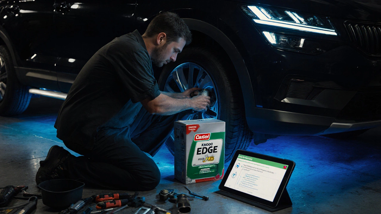 DIY car owner changing engine oil in Škoda Kodiaq with diagnostic tablet showing service warning.