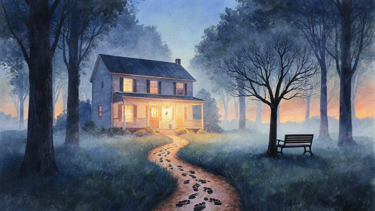 Dvě cesty v lese vedoucí od sebe, jedna k domu, druhá k prázdné lavičce.