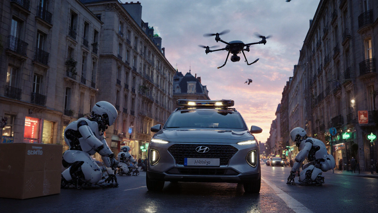 Hyundai Ioniq 7 jede městem s roboty a bezpilotními letadly v pozadí, symbolizující budoucnost mobility.