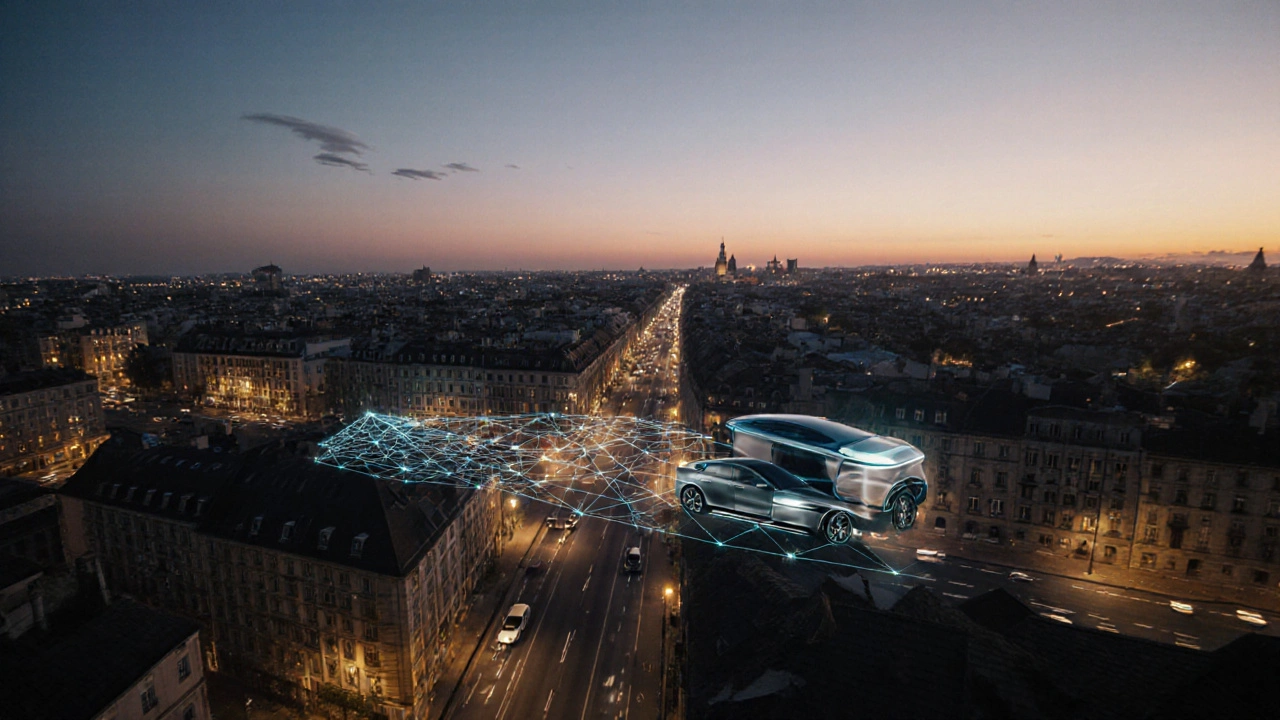 Kia EV6 a Hyundai Ioniq 5 jezdící vedle sebe v evropském městě při soumraku.