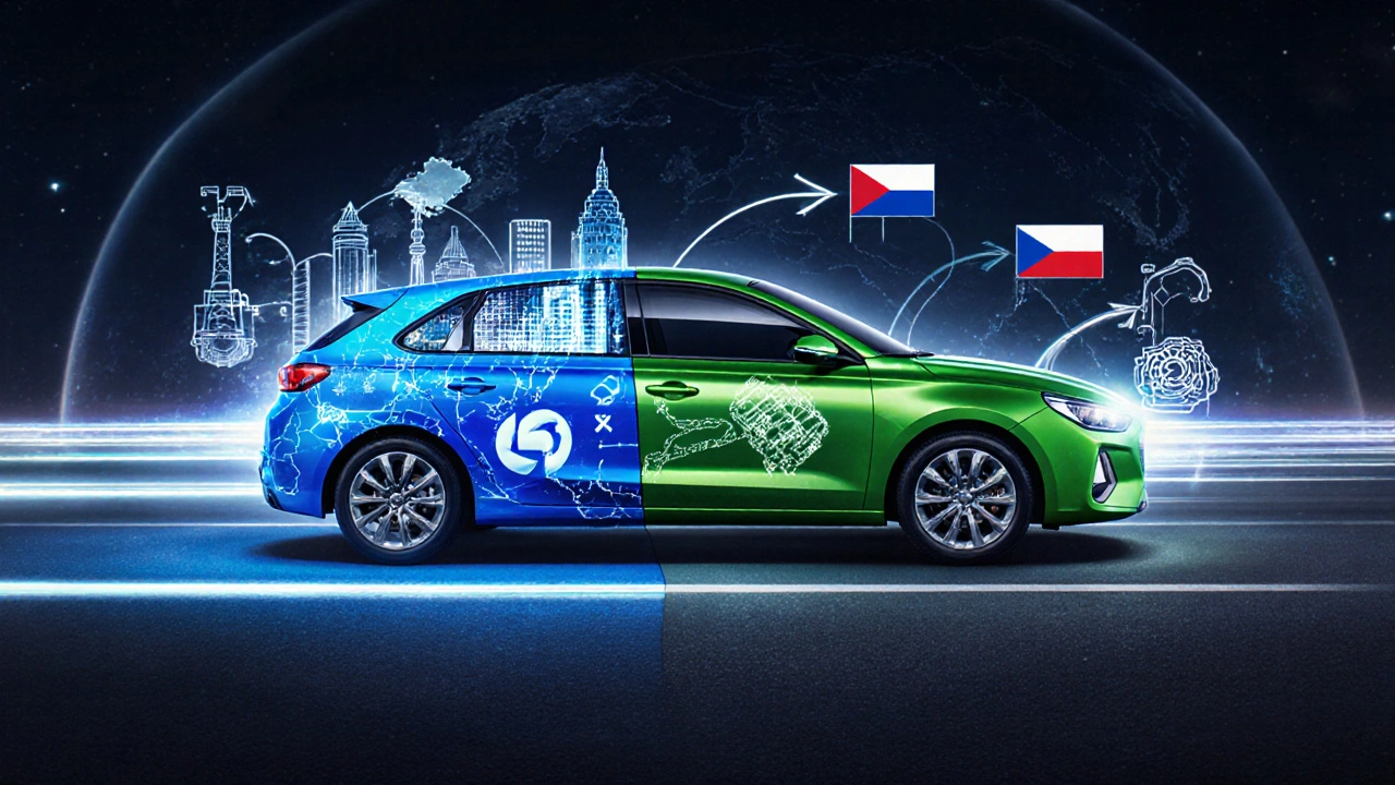 Koncepční obrázek i30 s rozdělením mezi výrobou v Koreji a Česku, spojeným evropskou dopravní sítí.