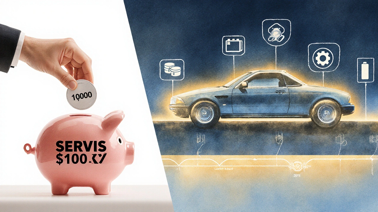 Konceptuální obrázek úspor na servis a vývoj nákladů auta s věkem.