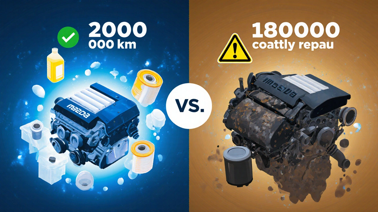 Konceptuální obrázek: zdravý motor vs. poškozený motor kvůli zanedbání údržby.