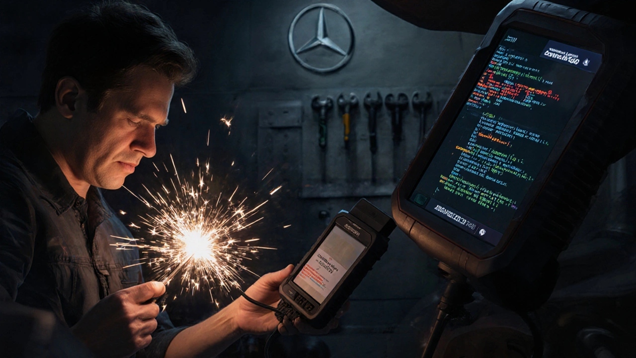 Kontrast mezi neúspěšným levným kabelem a úspěšným diagnostickým přístrojem s zobrazovanými chybovými kódy.