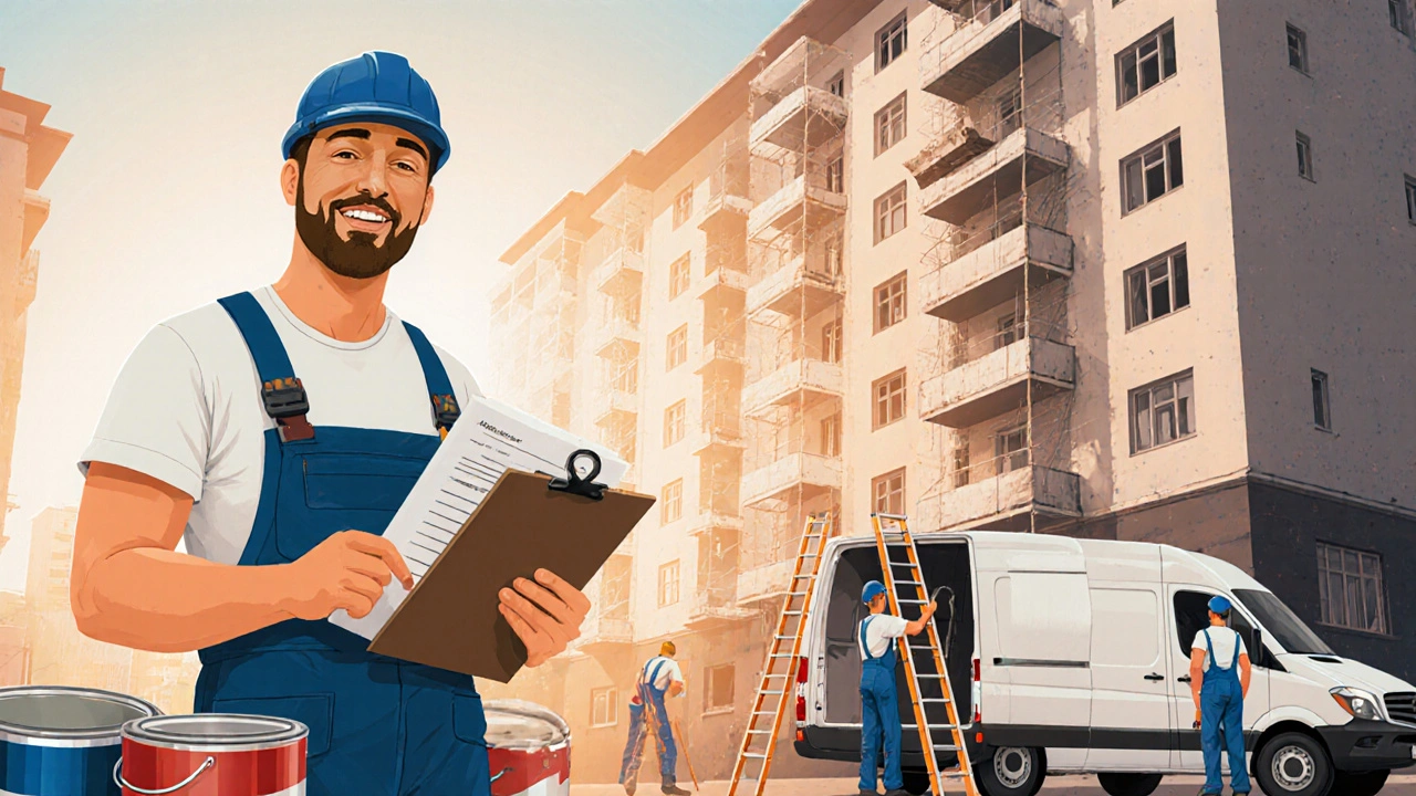 Malíř se svým vozem a pomocníky pracuje na bytovém domě v Brně.