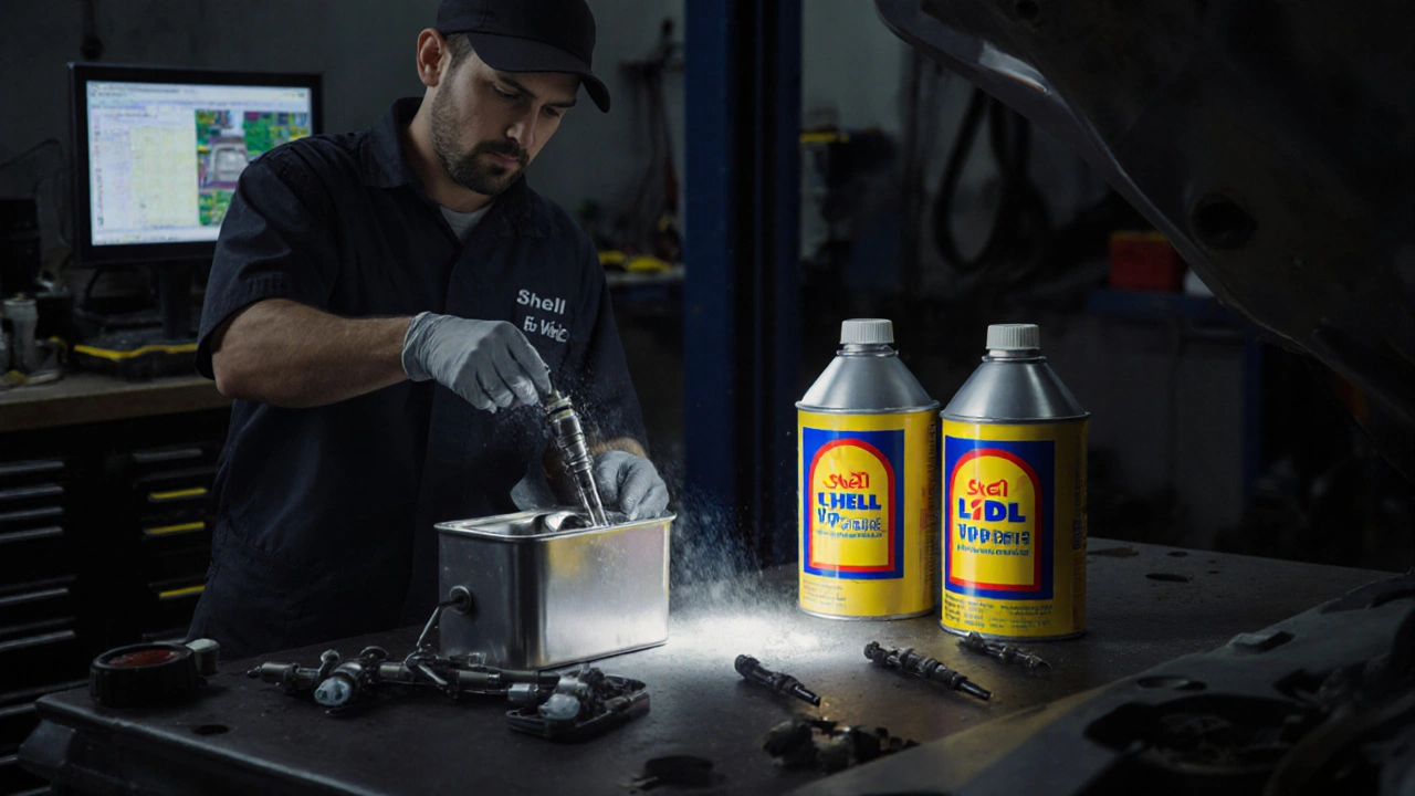Mechanic cleaning fuel injectors with Shell V-Power and Lidl cans beside.
