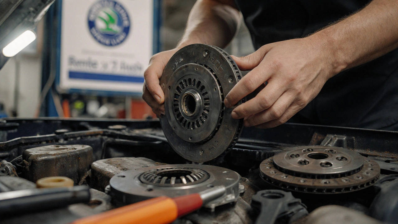 Mechanik v dílně instaluje novou spojku v Škoda Superb s viditelnými originálními díly.