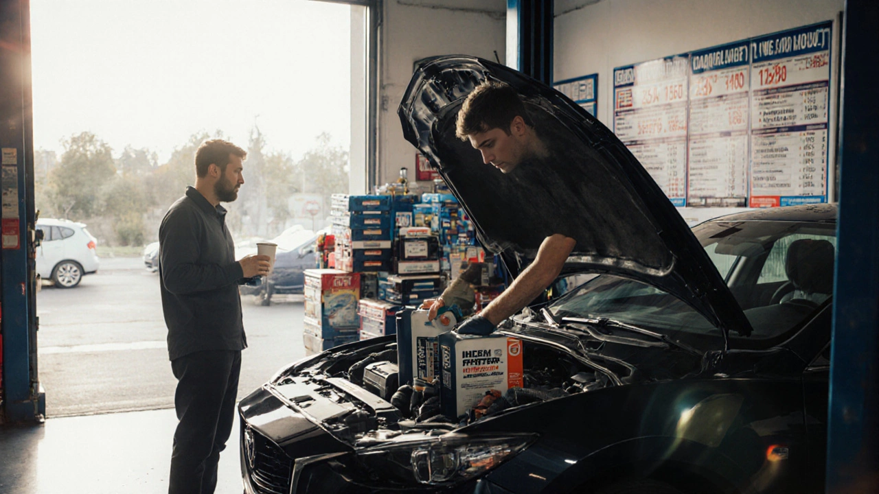 Mechanik v nezávislém servisu instaluje filtry do Mazda 6 diesel.