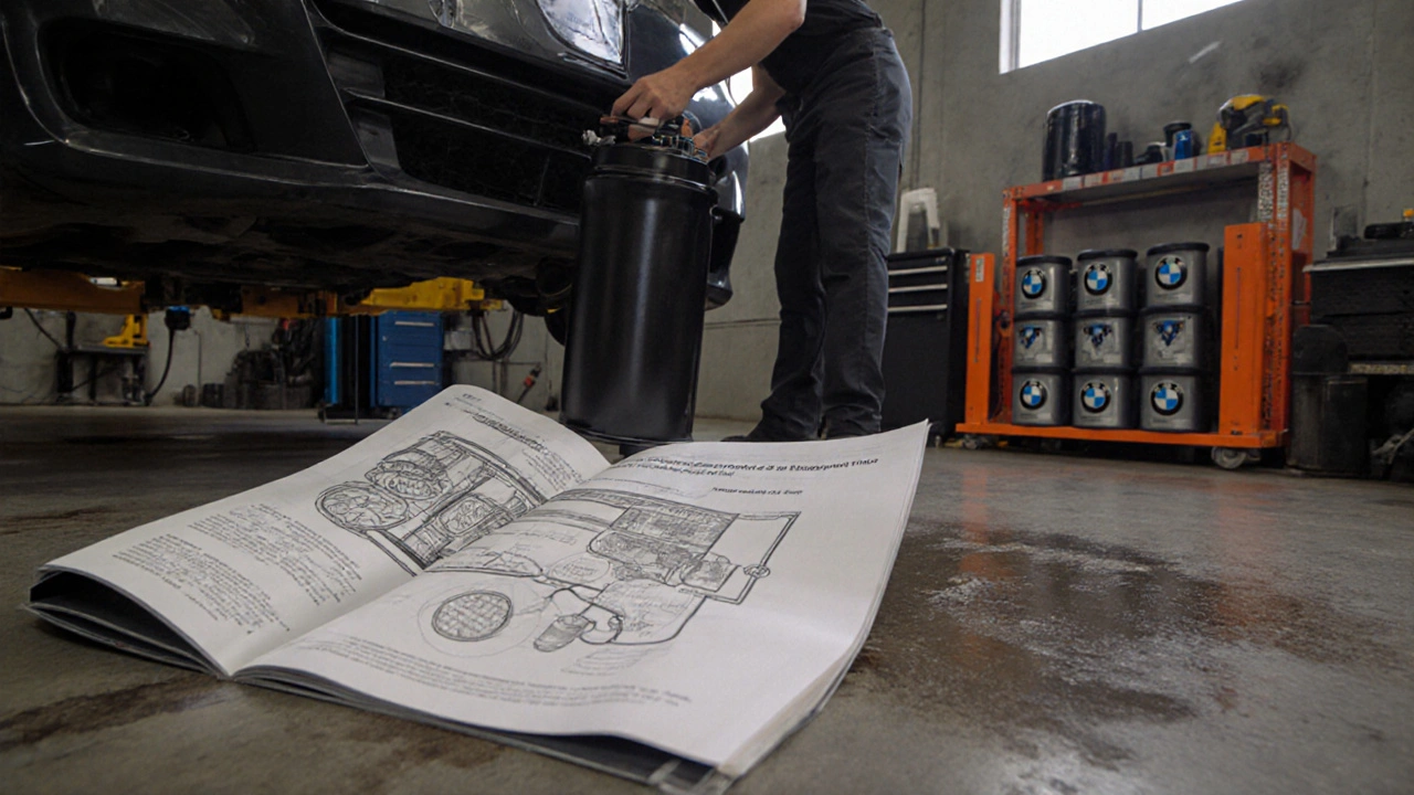 Mechanik vyměňuje filtr částic u BMW 320d v dílně.