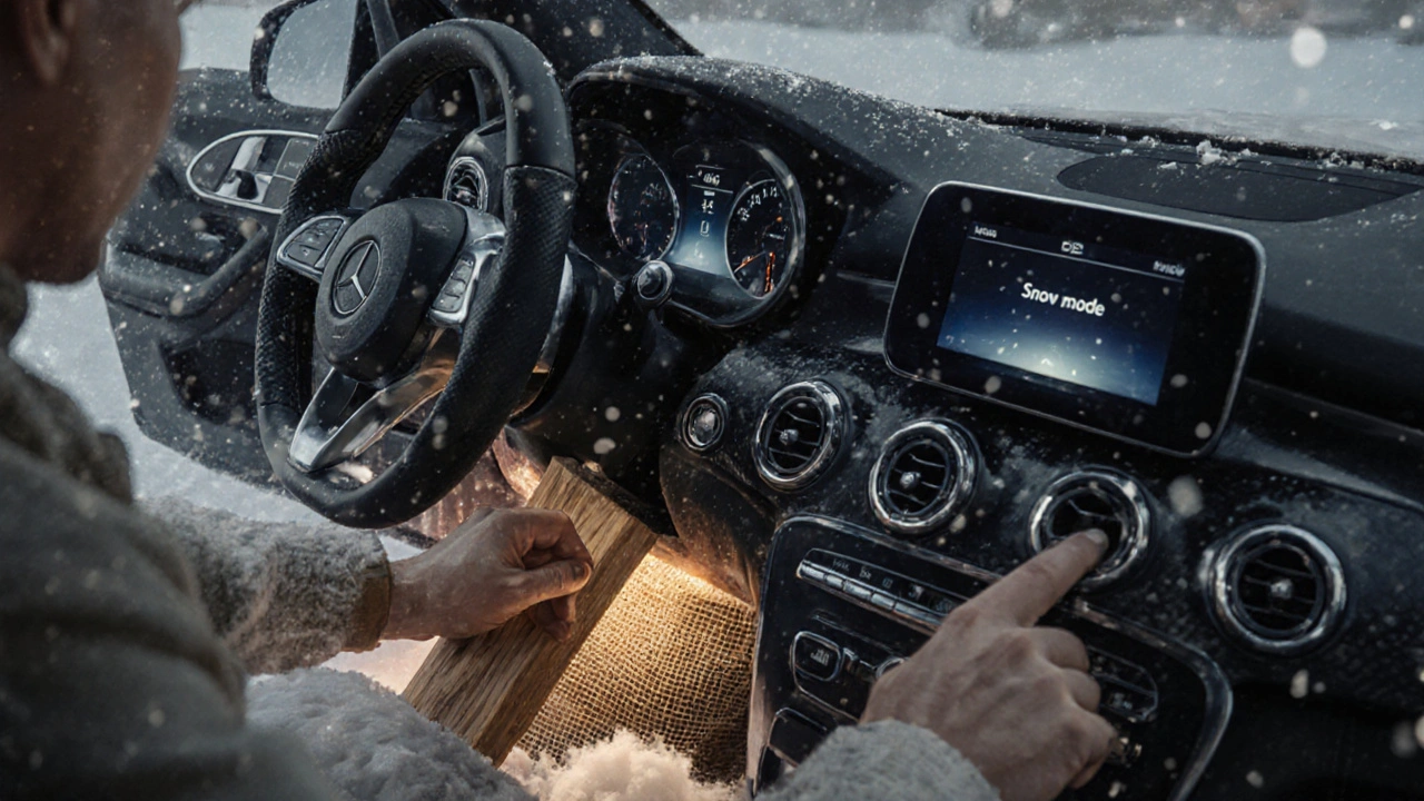 Mercedes 4MATIC s dřevěnými prkny pod koly, řidič nastavuje režim Snow.