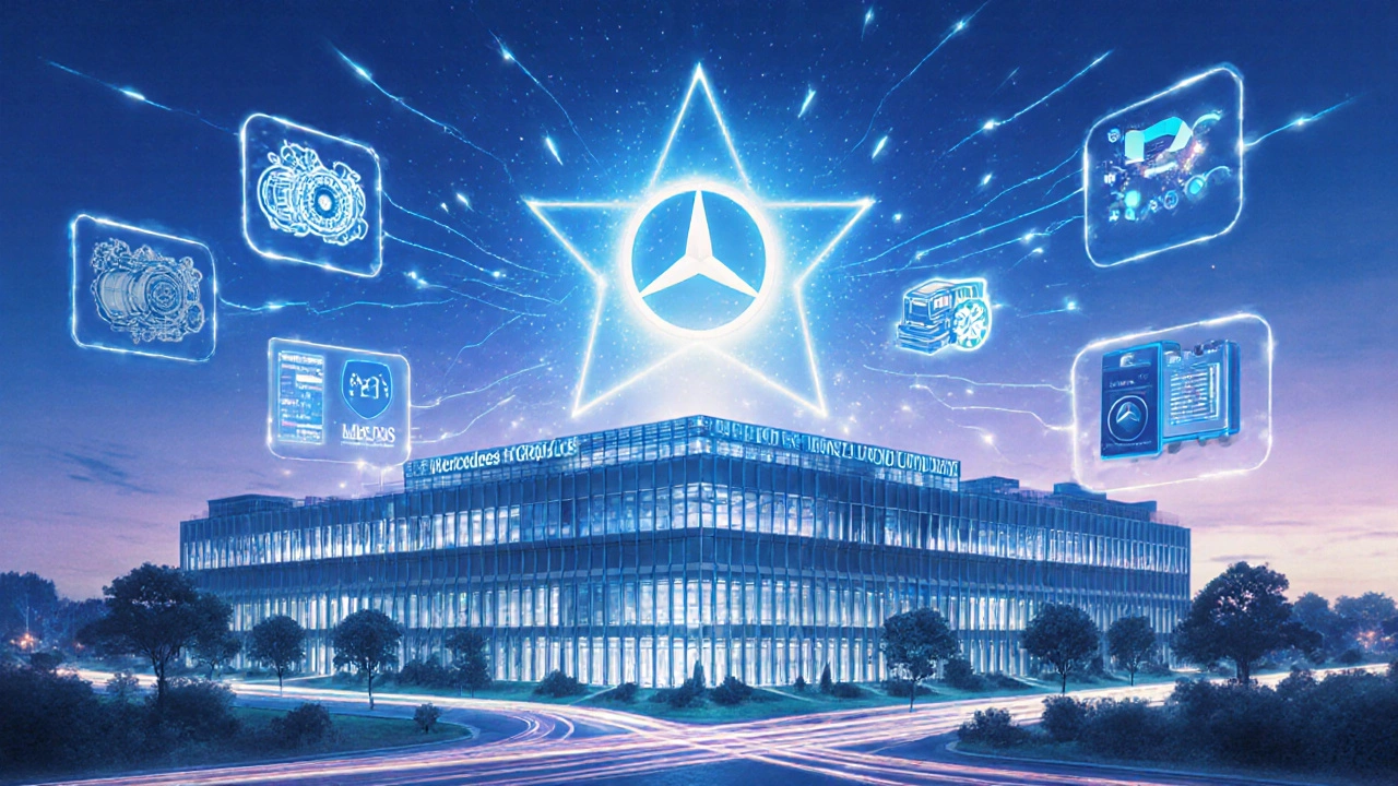 Mercedes-Benz Group AG headquarters with glowing star and global production connections.