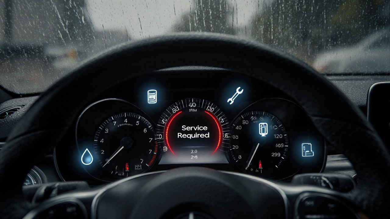 Mercedes dashboard with &#039;Service Required&#039; warning and floating icons for oil, filter, and reset.