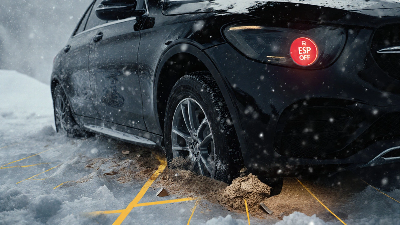 Mercedes s jedním kolem na pevné zemi a třemi zapadlými, pod koly jsou koberce a písek.