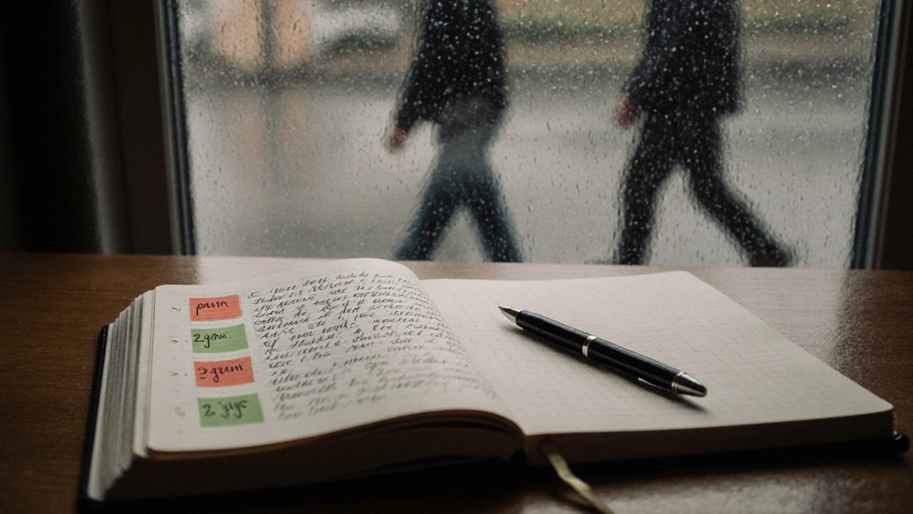 Otevřený sešit s psanými poznámkami o bolestech a radostech v manželství.