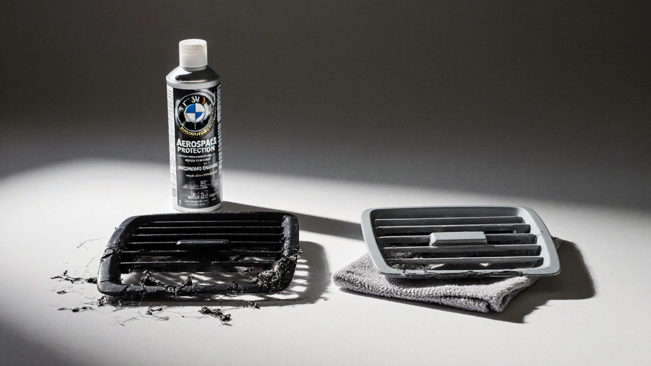 Porovnání poškozeného a obnoveného plastového prvku v interiéru BMW s ochranným prostředkem.
