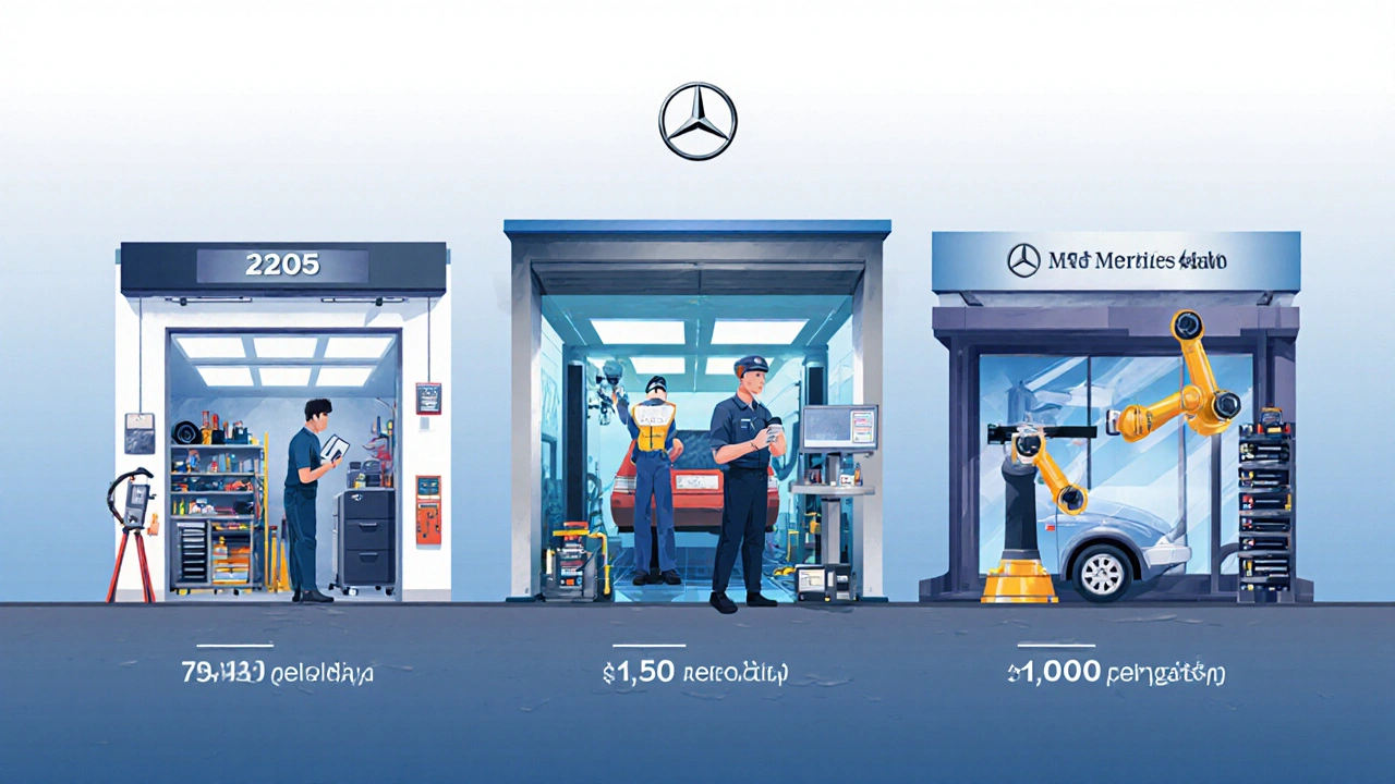 Porovnání tří typů servisů pro Mercedes s různými cenami za hodinu.