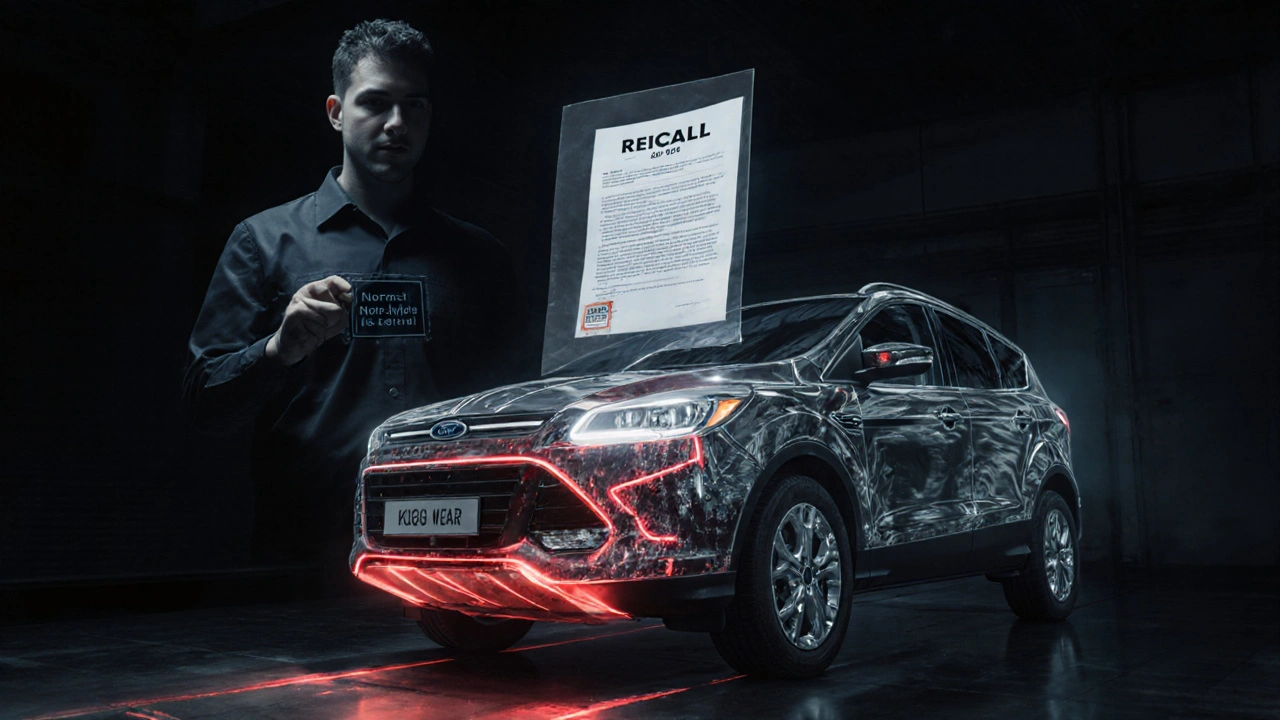 Průhledný Ford Kuga s červeně zvýrazněnou korozi výfuku a překrytým dokumentem o recallu.