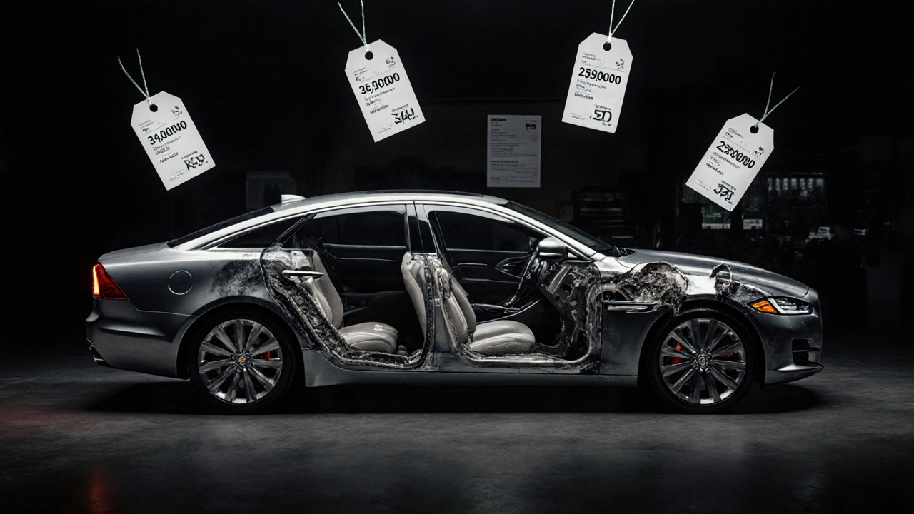 Průhledný Jaguar s viditelnými poruchami a náklady na opravy vznášejícími se nad ním.