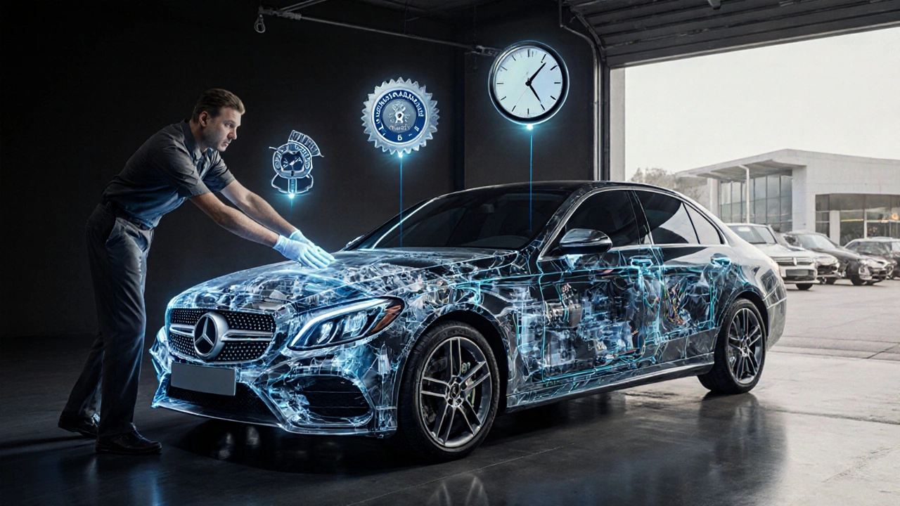 Průhledný Mercedes s ukázkou vnitřních systémů a symbolů odborné údržby.