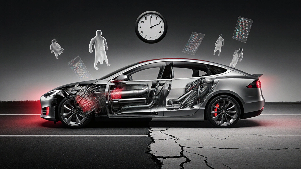 Průhledný náčrt Tesla s ukrytými vadami baterie, senzorů a softwaru.