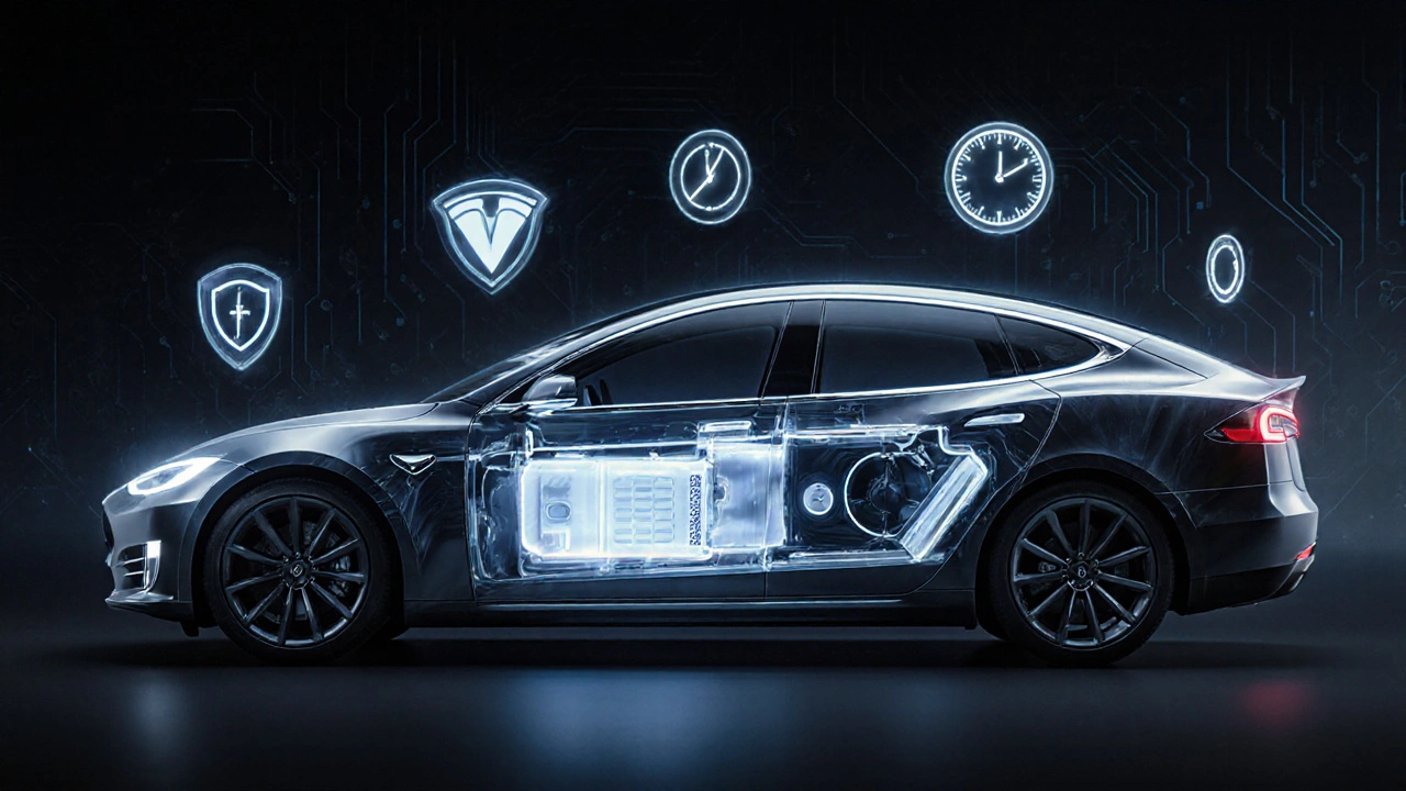 Průhledný Tesla s viditelnými vnitřními součástmi a symboly záruky.