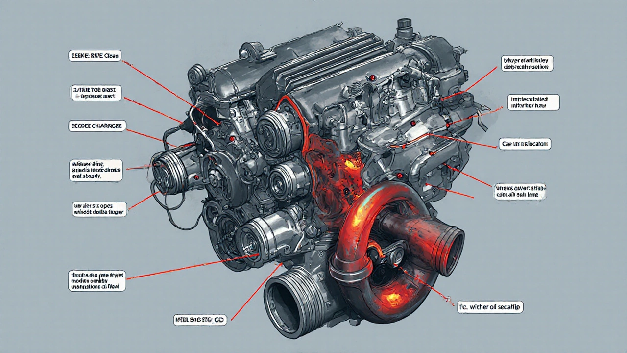 Průřez motoru s nánosy na pístech a přehřátou turbínou bez mazání.