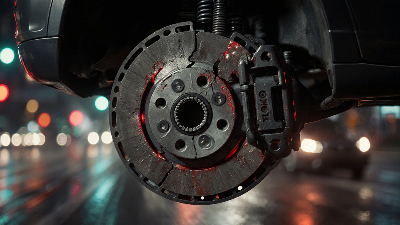 Průřez poškozené spojky Škody s poškozeným diskem a deformovanými pružinami.