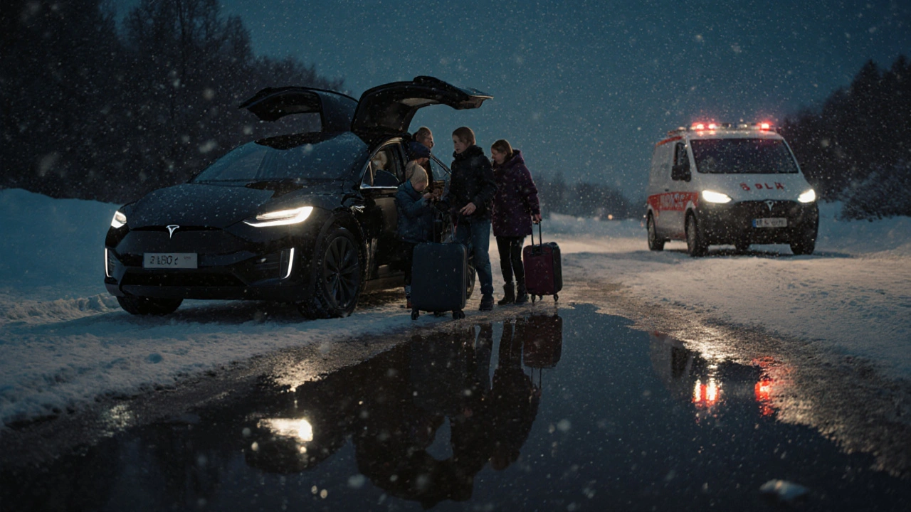 Rodina na zasněžené silnici s Tesla Model Y a servisním vozem v pozadí.
