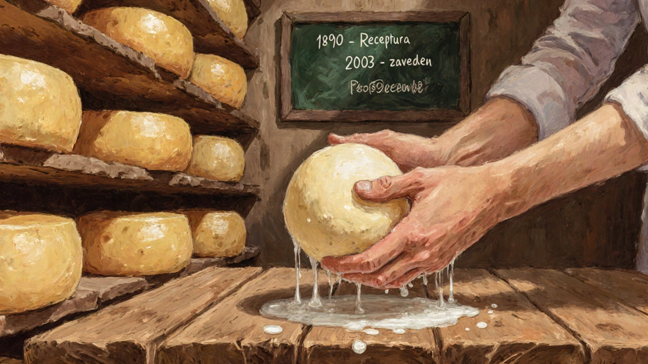 Ruce tvarují sýr z mléka v staré sýrně, za nimi regály s koulemi hermelínu a nápisy o původu.