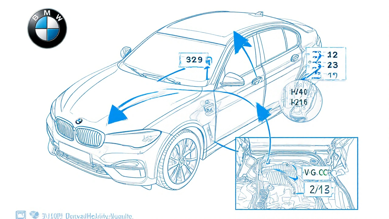 Schéma s ukázkami míst, kde se nachází VIN na autě BMW.