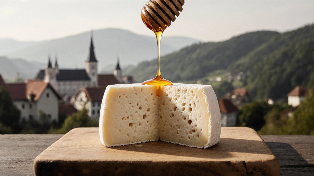 Sedlčanský hermelín rozřezaný na dřevěné desce, s krémovým vnitřkem a kapek medu nad ním.