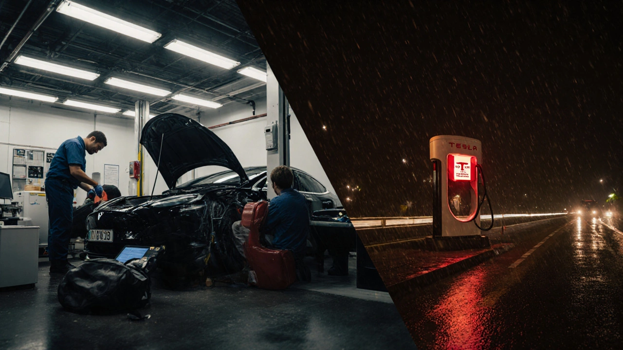 Servis Tesla v Německu vlevo, zlomené auto v Česku vpravo, případné problémy s garancí a nabíjením.