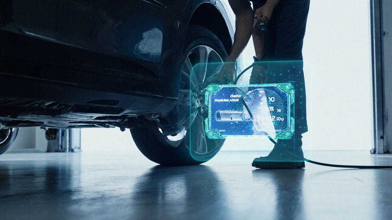Škoda Enyaq electric car being serviced with battery health displayed on holographic screen.