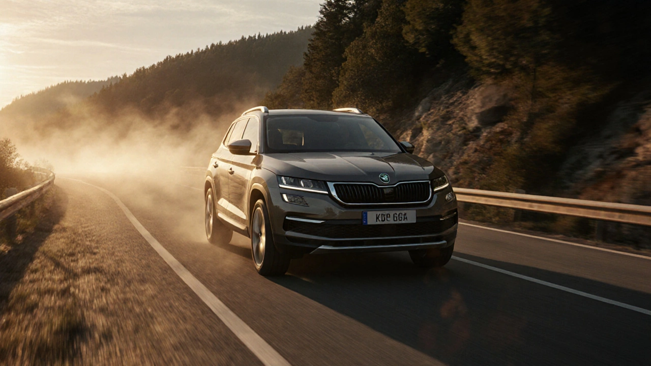 Škoda Kodiaq rychle projíždí zatáčkou na horské silnici v ranním světle