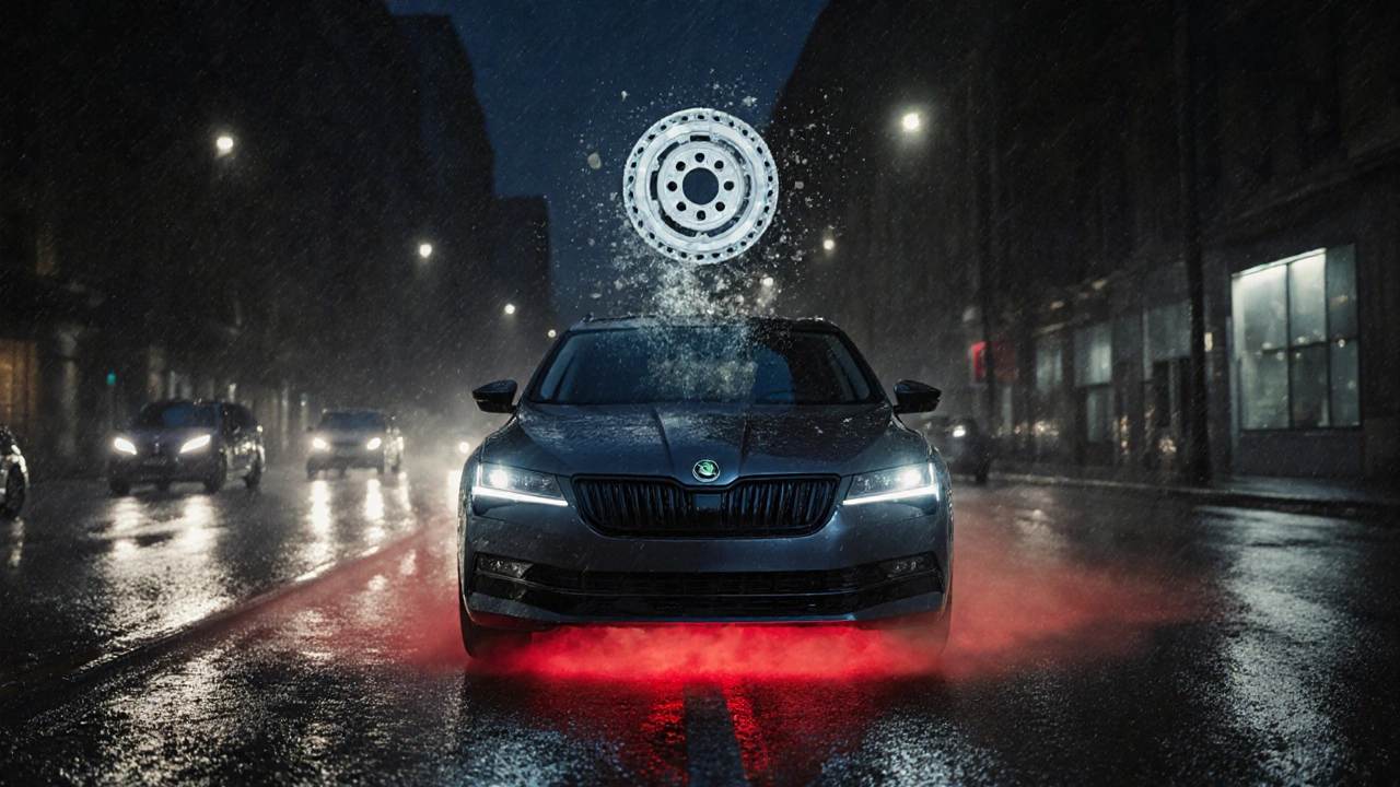 Škoda Superb na mokré ulici s červeným zářivým oblakem, který symbolizuje selhání spojky.